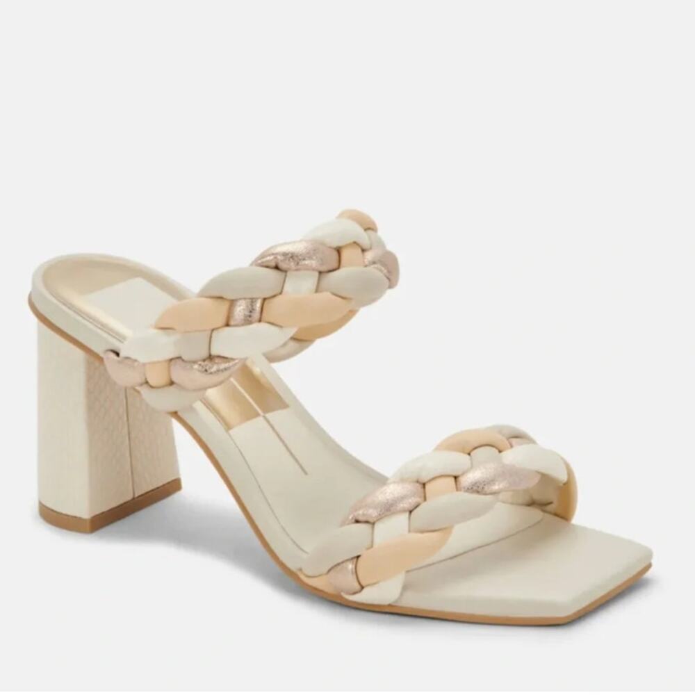 Dolce Vita Paily Braided Sandals 7.5 White Gold Heel Croc Travel Beach Wedding